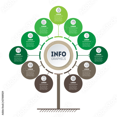 Vertical Green Timeline infographics. Tree of development and growth of the business. Time line of trends. Eco Business concept with 11 options, parts, steps or processes.