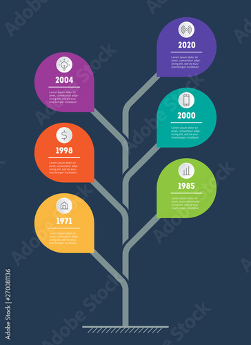 Business presentation concept with 6 points. Web Template of tree with leafs, info chart or diagram. Infographic of technology or education process with six steps or parts.