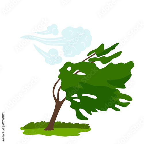 The icon of the wind that bends the green tree. concept of weather, tornado and other elements of nature. flat vector illustration