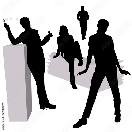 Silhouettes of people in different poses. A girl blowing bubbles, a yoke girl with long legs, a young girl in jeans sitting on the parapet. Vector silhouette of a man stretching into the distance photo