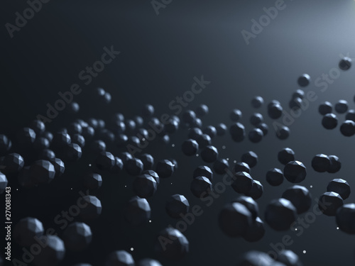 Futuristic abstract 3d render of flying polygonal spheres. Chaotic low poly particles in the dark fantastic space. High technology concept. Background modern digital design.