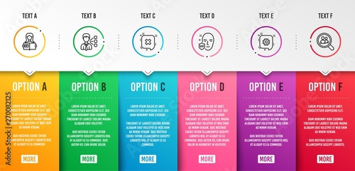 Third party, Cogwheel and Woman read icons simple set. Uv protection, Reject and Search employees signs. Team leader, Engineering. Business set. Infographic template. 6 steps timeline. Vector