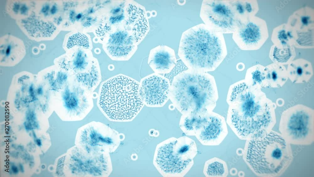 Blue microorganisms.Viruses under microscope.Human immune system virus moving across screen. Bacteria virus or germs microorganism cells under microscope. 3d render microbe.