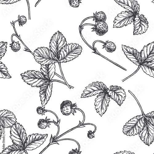 Vector vintage seamless pattern with wild strawberry in engraving style. Hand drawn botanical texture with berries. Black and white floral sketch illustration