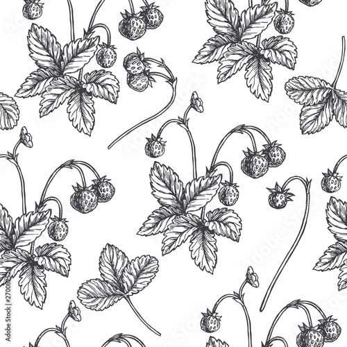 Vector vintage seamless pattern with wild strawberry in engraving style. Hand drawn botanical texture with berries. Black and white floral sketch illustration