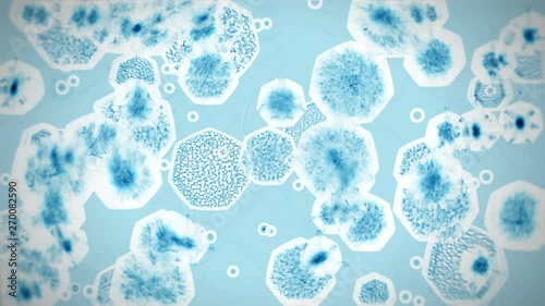 Blue microorganisms.Viruses under microscope.Human immune system virus moving across screen. Bacteria virus or germs microorganism cells under microscope. 3d render microbe.