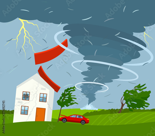 A devastating tornado destroys a house, a roof flies away, trees break. bad weather landscape and a sign of disaster and warning.