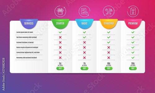 Document, Hat-trick and Spanner tool icons simple set. Comparison table. Reject file sign. File with diagram, Magic hat, Repair. Decline agreement. Business set. Pricing plan. Compare products. Vector