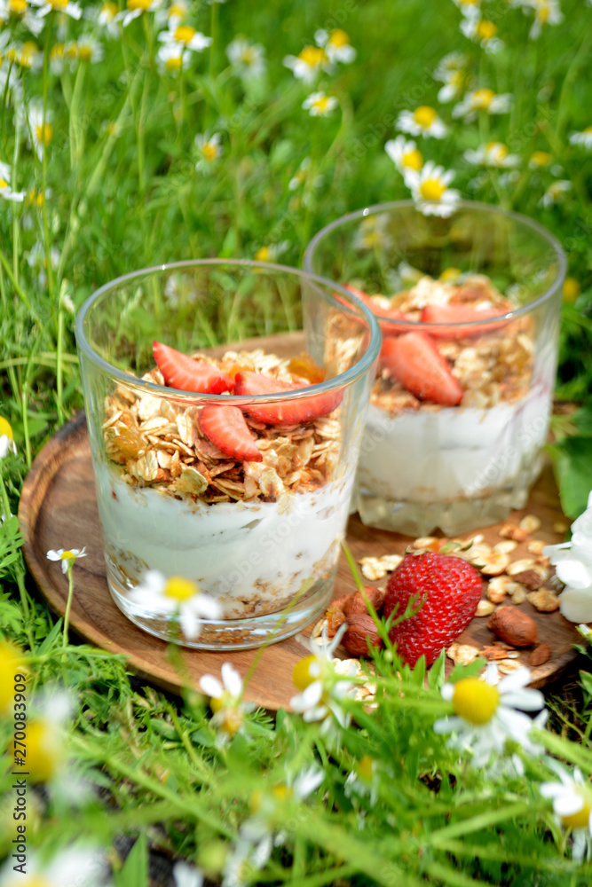 Yogurt with granola and strawberries in a glass on natural background Summer picnic Yogurt with granola and strawberries in a glass on natural background Summer picnic