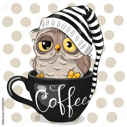 Cartoon owl is sitting in a Cup of coffee