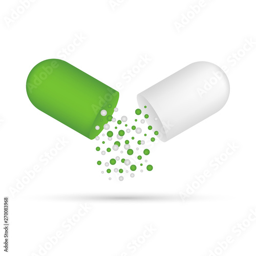 Capsule pill. Small balls pouring from an open medical capsule. Vector stock illustration.