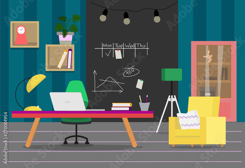 Home office. Freelance. Flat room concept with working table and chair and armchair. Modern home workplace flat vector design.