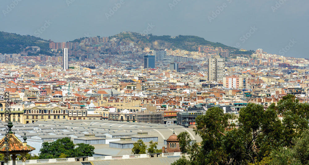 Mount Montjuic. View of Barcelona from the upper steps of the grand staircase of the National Palace. From the observation deck offers a beautiful view of the city.