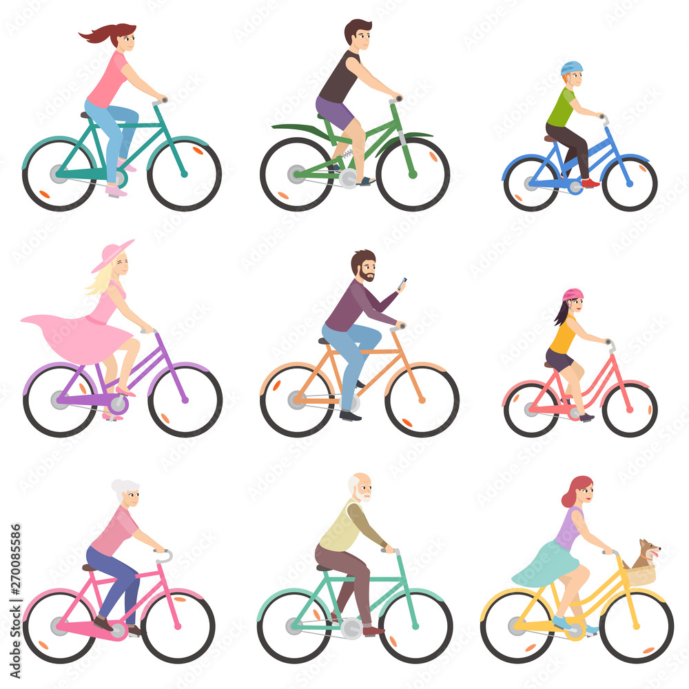 Bicycle riding set. People of different gender and age riding on ...