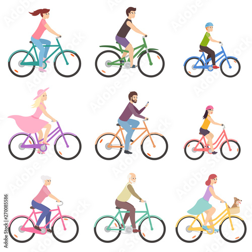 Bicycle riding set. People of different gender and age riding on various types bicycles. Active family vacation. Isolated vector illustration