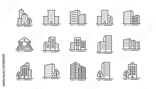 Buildings line icons. Bank, Hotel, Courthouse. City, Real estate, Architecture buildings icons. Hospital, town house, museum. Urban architecture, city skyscraper. Linear set. Vector