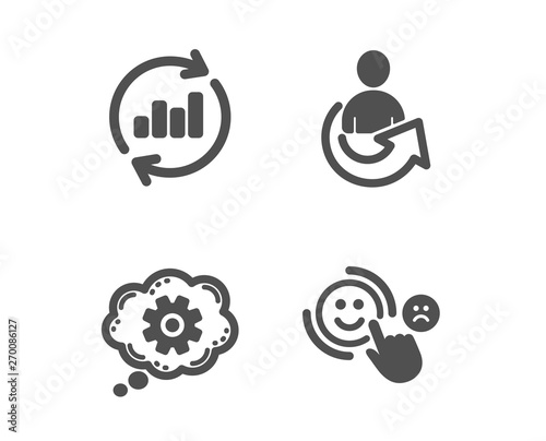 Set of Update data, Cogwheel and Share icons. Customer satisfaction sign. Sales chart, Engineering tool, Referral person. Happy smile.  Classic design update data icon. Flat design. Vector