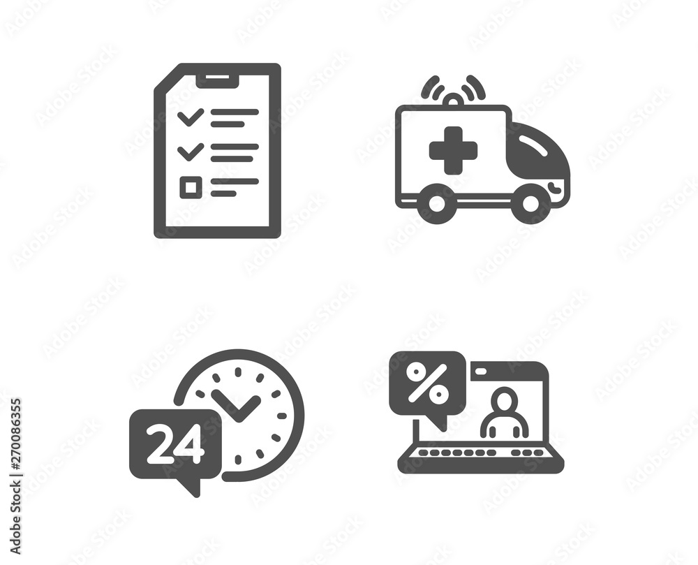 Set of Ambulance car, Interview and 24h service icons. Online loan sign. Emergency transport, Checklist file, Call support. Discount percent.  Classic design ambulance car icon. Flat design. Vector