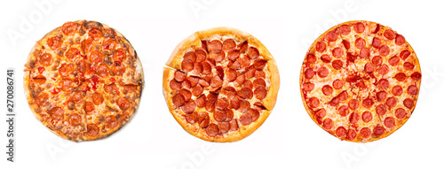 Fresh tasty pepperoni pizza group isolated on white background. Top view