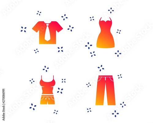 Clothes icons. T-shirt with business tie and pants signs. Women dress symbol. Random dynamic shapes. Gradient clothing icon. Vector