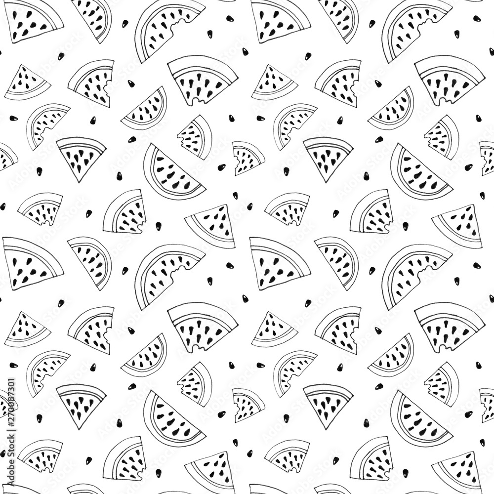 Slice of watermelon seamless pattern. Illustration in black and white. Coloring page, paper book. Slice of watermelon seamless pattern. Illustration in black and white. Coloring page, paper book.