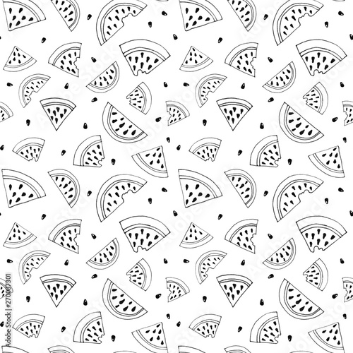 Slice of watermelon seamless pattern. Illustration in black and white. Coloring page, paper book. 