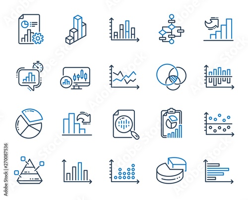 Charts and Diagrams line icons. Report, 3D Chart, Block diagram and Dot Plot graph linear icons. Trend, Pyramid and Pie chart report symbols. Presentation infochart, process flow diagram. Vector