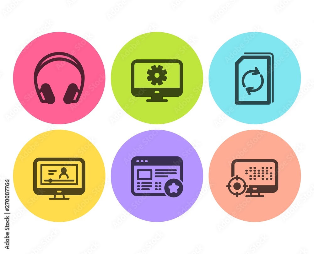 Favorite, Online video and Update document icons simple set. Headphones, Monitor settings and Seo signs. Star feedback, Video exam. Business set. Flat favorite icon. Circle button. Vector Favorite, Online video and Update document icons simple set. Headphones, Monitor settings and Seo signs. Star feedback, Video exam. Business set. Flat favorite icon. Circle button. Vector