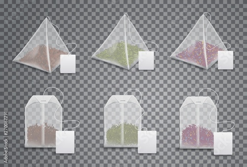 Realistic 3D tea bags, teabags template mockups photo