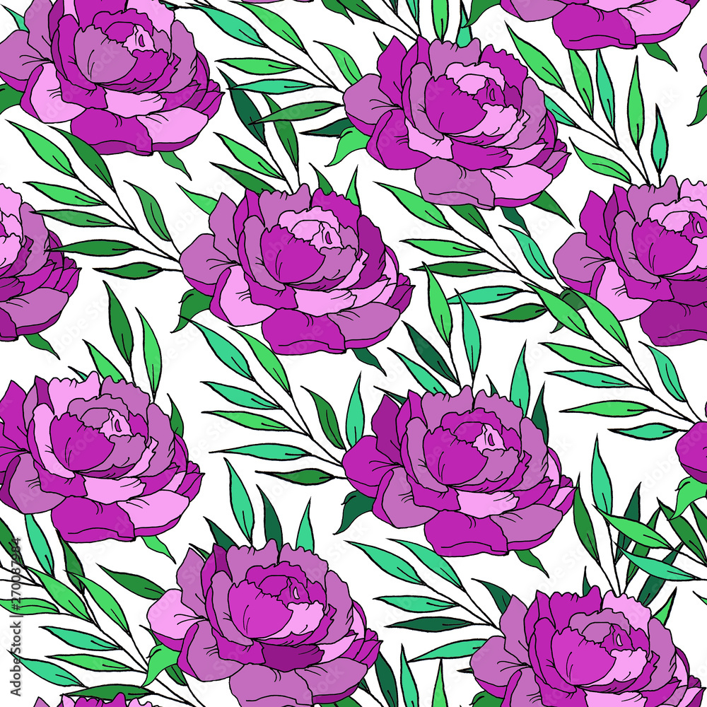 Seamless colorful pattern with pink peonies flowers. Fabric design. Hand drawn illustration