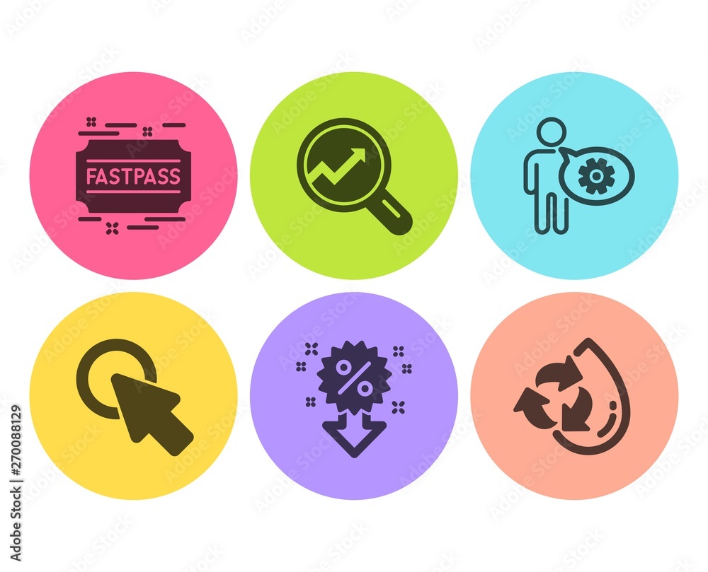 Click here, Discount and Analytics icons simple set. Cogwheel, Fastpass and Recycle water signs. Push button, Sale shopping. Business set. Flat click here icon. Circle button. Vector Click here, Discount and Analytics icons simple set. Cogwheel, Fastpass and Recycle water signs. Push button, Sale shopping. Business set. Flat click here icon. Circle button. Vector