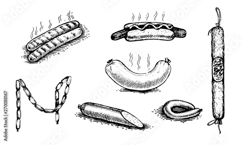 Hot dog, sausage, salami. Natural products and healthy lifestyle, delicious products, a set of templates for menu design, restaurants and catering. Hand-drawn images, black and white graphics. 
