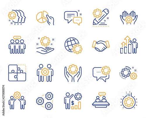 Employees benefits line icons. Business strategy, handshake and people collaboration. Teamwork, social responsibility, people relationship icons. Growth chart, employees benefits. Vector