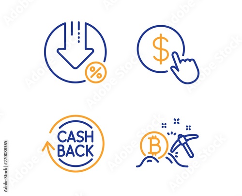 Buy currency, Cashback and Loan percent icons simple set. Bitcoin mining sign. Money exchange, Refund commission, Decrease rate. Cryptocurrency pickaxe. Finance set. Linear buy currency icon. Vector