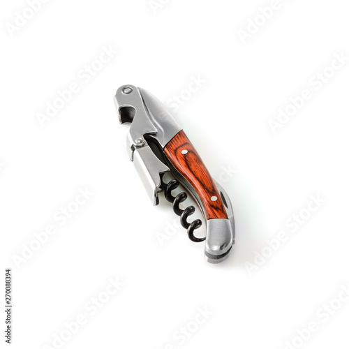 Sommelier knife with corkscrew and bottle opener in the folded state, professionsl waiter knife, close up macro. photo