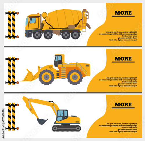Construction Crew Vehicles machinery building truck industry equipment vector illustration. Build tractor architecture digger engineering, worker loader banner.