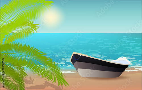 Fototapeta Naklejka Na Ścianę i Meble -  Grey boat on the beach, palm summer