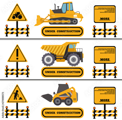 Construction Crew Vehicles machinery building truck industry equipment vector illustration. Build tractor architecture digger engineering, worker loader banner.