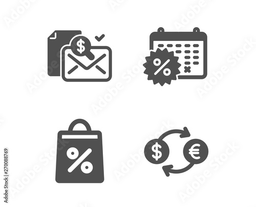 Set of Calendar discounts, Accounting report and Shopping bag icons. Currency exchange sign. Shopping, Check finance, Supermarket discounts. Banking finance. Classic design calendar discounts icon