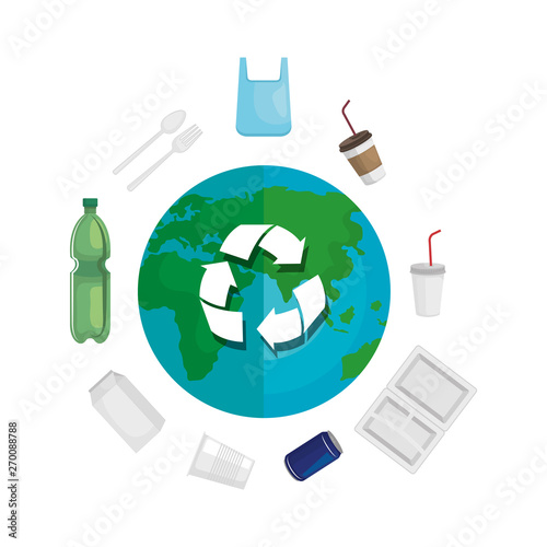 earth with recycle arrows and recyclable products