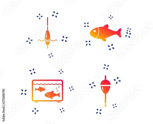 Fishing icons. Fish with fishermen hook sign. Float bobber symbol. Aquarium icon. Random dynamic shapes. Gradient fishing icon. Vector