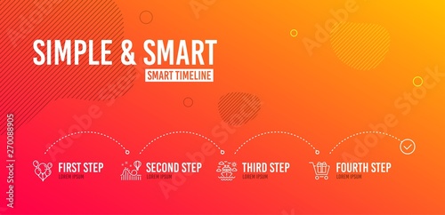 Infographic timeline. Balloons, Ship travel and Roller coaster icons simple set. Shopping cart sign. Air balloons, Cruise transport, Attraction park. Gift box. Holidays set. 4 steps layout. Vector