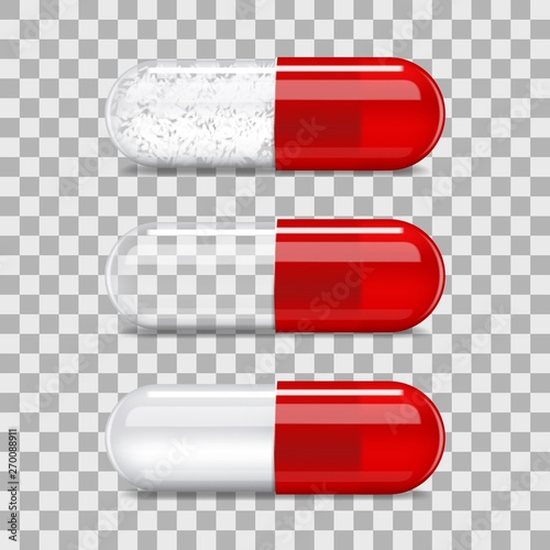 Red transparent pill capsule 3d realistic mockup