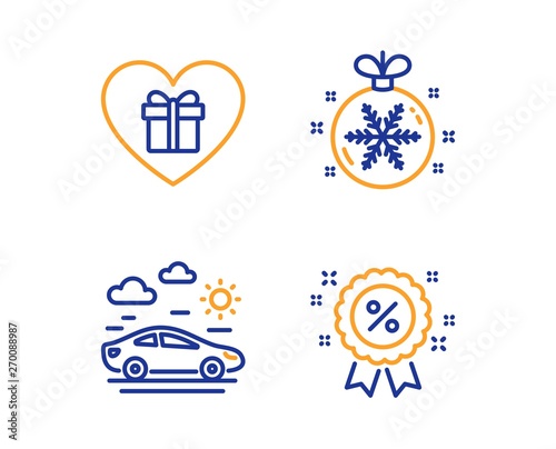 Romantic gift, Christmas ball and Car travel icons simple set. Discount sign. Surprise with love, Snowflake, Transport. Sale shopping. Holidays set. Linear romantic gift icon. Colorful design set © blankstock