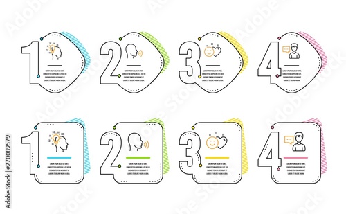 Human sing, Smile and Idea icons simple set. Person talk sign. Talk, Social media like, Creative designer. Communication message. People set. Infographic timeline. Line human sing icon. Vector
