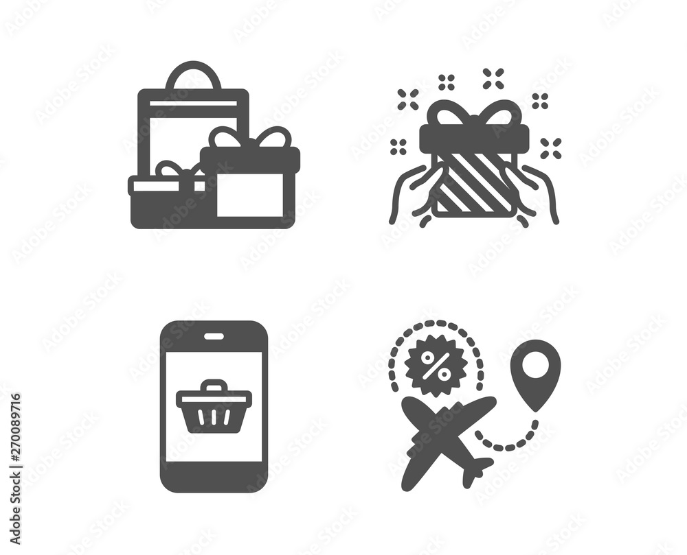 Set of Gift, Smartphone buying and Shopping icons. Flight sale sign. Present, Website shopping, Holiday packages. Travel discount. Classic design gift icon. Flat design. Vector Set of Gift, Smartphone buying and Shopping icons. Flight sale sign. Present, Website shopping, Holiday packages. Travel discount. Classic design gift icon. Flat design. Vector