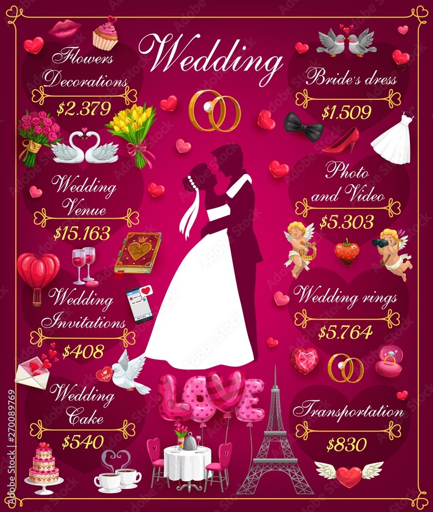Naklejka premium Plan of wedding costs, hugging bride and groom