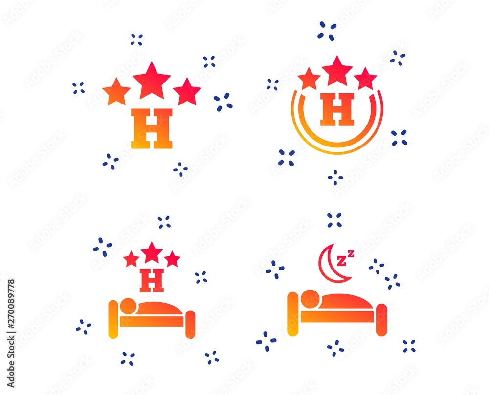 Three stars hotel icons. Travel rest place symbols. Human sleep in bed sign. Random dynamic shapes. Gradient hotel icon. Vector