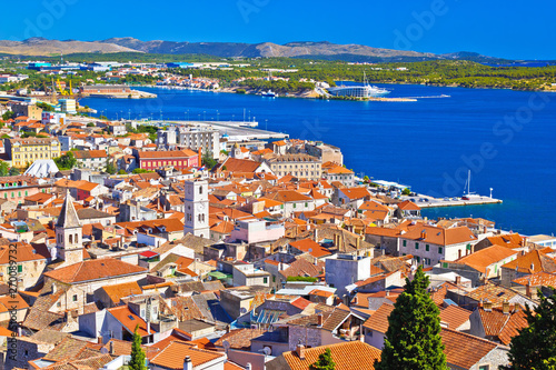 Sibenik old town and waterfront aerial view