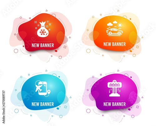 Liquid badges. Set of Santa sack, Flight destination and Car travel icons. Attraction sign. Gifts bag, Airplane trip, Transport. Free fall.  Gradient santa sack icon. Flyer fluid design. Vector